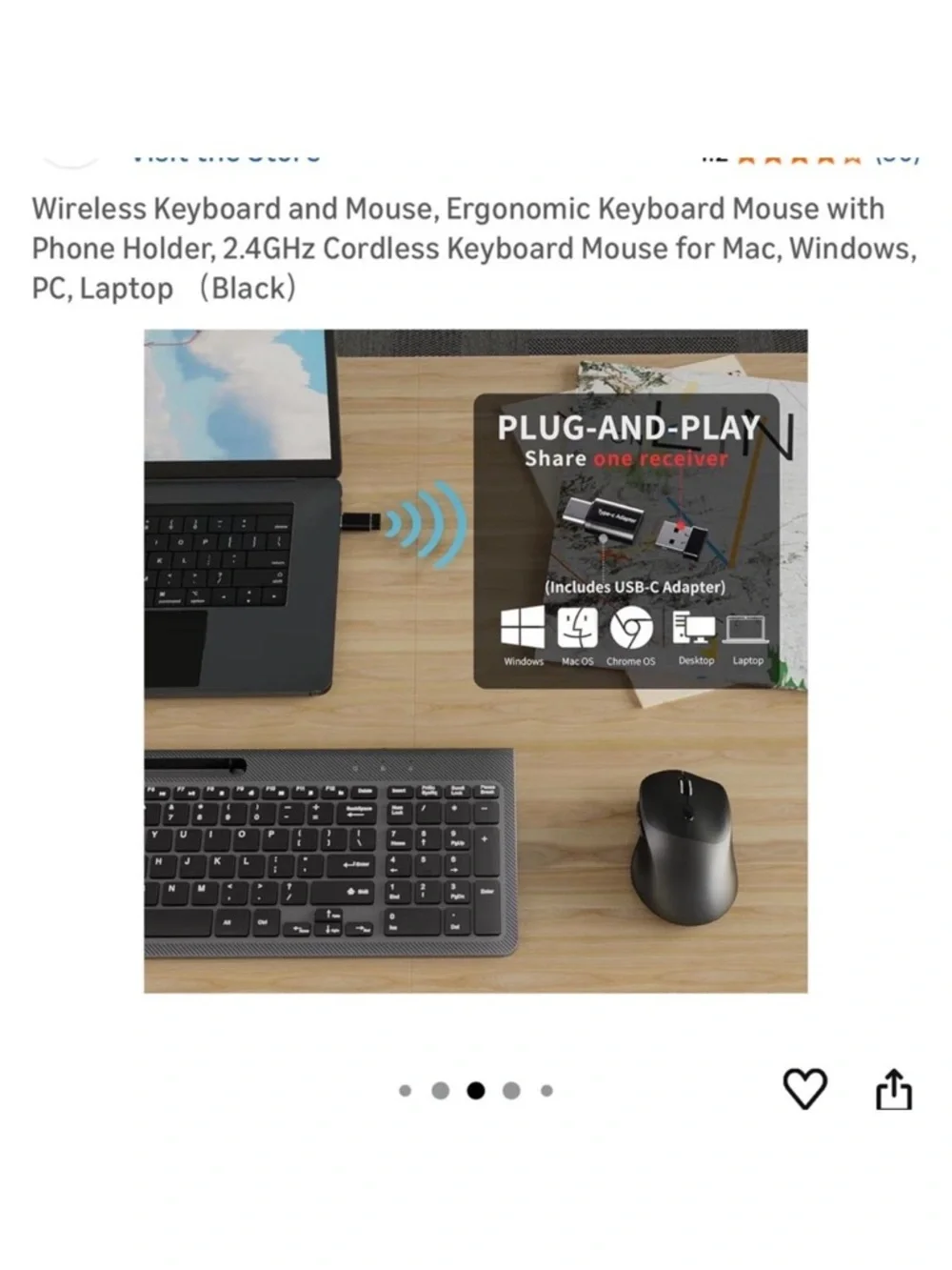 Wireless Ergonomic 6-Button Mouse with Silent Click - Black